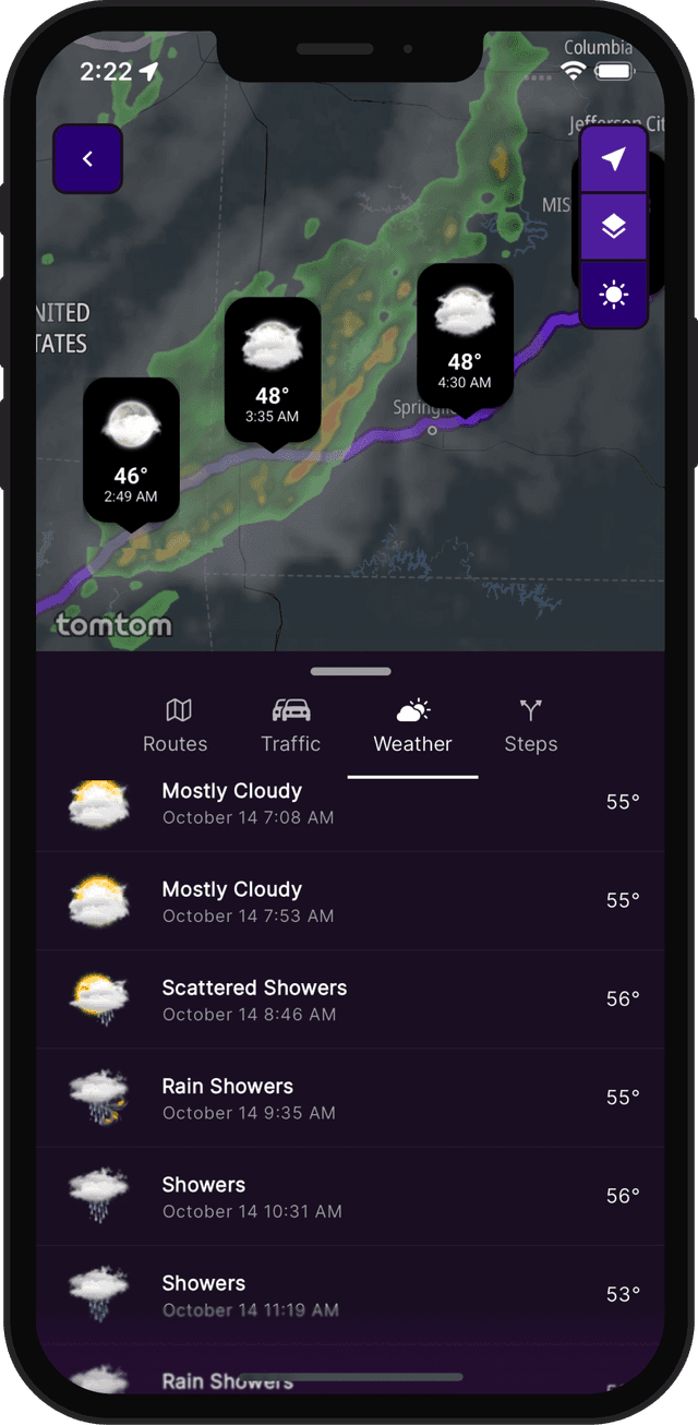 Picture of a phone with a weather map along a route.