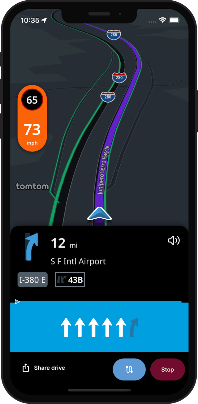 Picture of a phone with a turn-by-turn navigation screen.